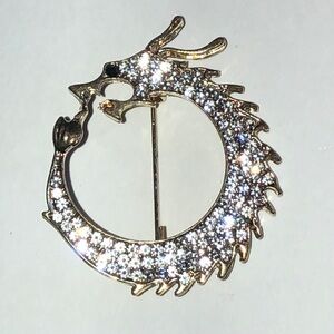 Gold Tone CZ Rhinestone Boho Dragon Brooch